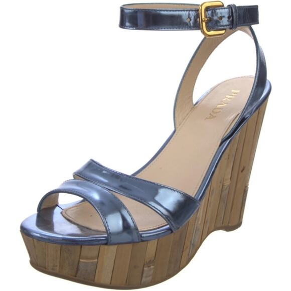 Prada Blue Metallic Leather Platform Wedge Sandal Size 7 or 37 EU - Picture 1 of 17